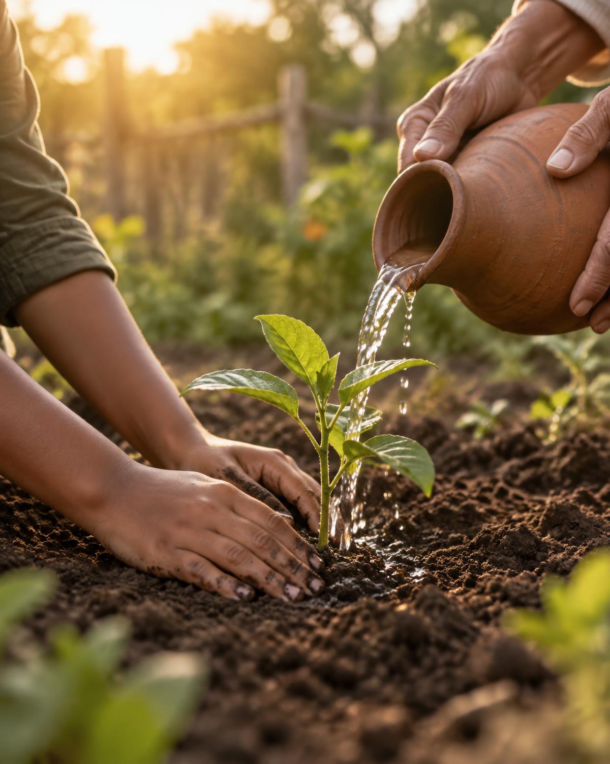 Hands of different ages planting a seedling while another pours water from a clay vessel