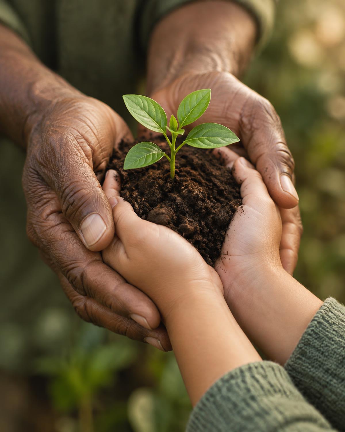 Hands holding a young green plant